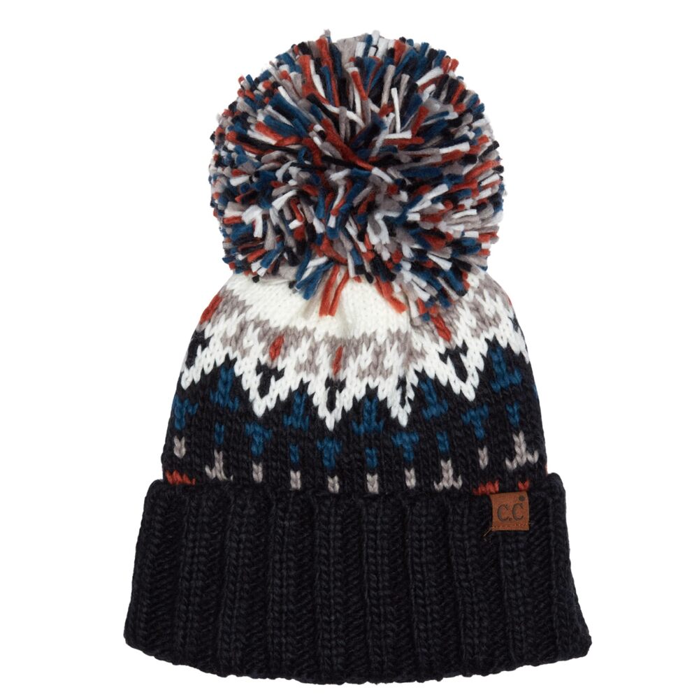 3903 ’s Geometric Pom Beanie – 100% Acrylic Après Ski Winter Hat
